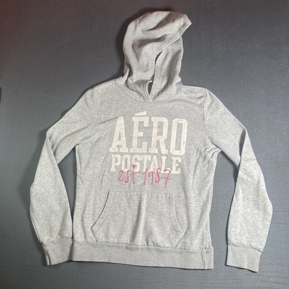 Aeropostale Women's Grey Hoodie Pullover Spell Out Large Comfy Y2K Graphic Logo